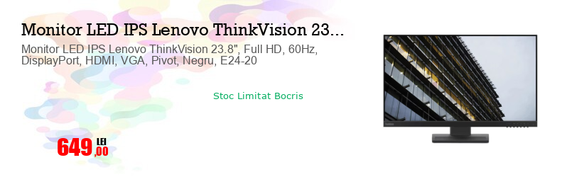 Monitor LED IPS Lenovo ThinkVision 23.8", Full HD, 60Hz, DisplayPort, HDMI, VGA, Pivot, Negru, E24-20 