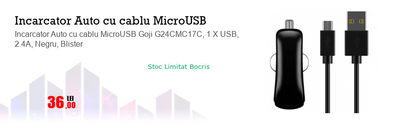 Incarcator Auto cu cablu MicroUSB Goji G24CMC17C, 1 X USB, 2.4A, Negru, Blister