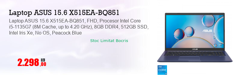 Laptop ASUS 15.6 X515EA-BQ851, FHD, Procesor Intel Core i5-1135G7 (8M Cache, up to 4.20 GHz), 8GB DDR4, 512GB SSD, Intel Iris Xe, No OS, Peacock Blue