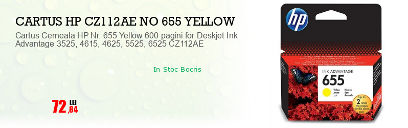 Cartus Cerneala HP Nr. 655 Yellow 600 pagini for Deskjet Ink Advantage 3525, 4615, 4625, 5525, 6525 CZ112AE