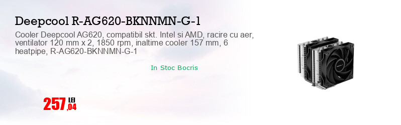 Cooler Deepcool AG620, compatibil skt. Intel si AMD, racire cu aer, ventilator 120 mm x 2, 1850 rpm, inaltime cooler 157 mm, 6 heatpipe, R-AG620-BKNNMN-G-1