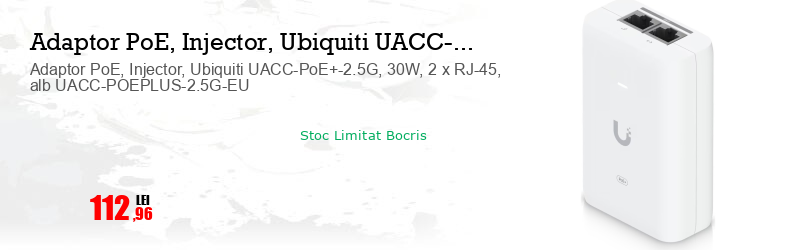 Adaptor PoE, Injector, Ubiquiti UACC-PoE+-2.5G, 30W, 2 x RJ-45, alb UACC-POEPLUS-2.5G-EU