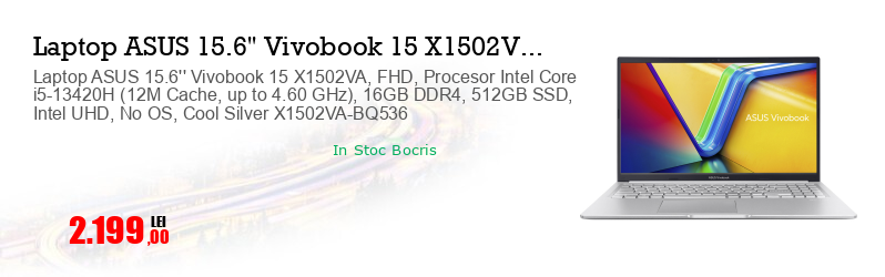 Laptop ASUS 15.6'' Vivobook 15 X1502VA, FHD, Procesor Intel Core i5-13420H (12M Cache, up to 4.60 GHz), 16GB DDR4, 512GB SSD, Intel UHD, No OS, Cool Silver X1502VA-BQ536
