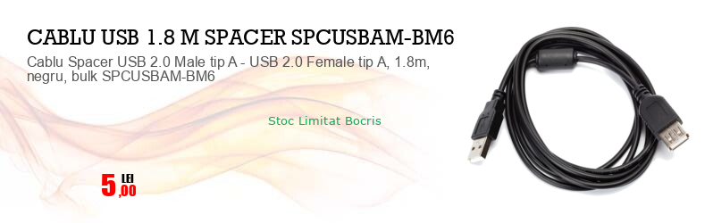 Cablu Spacer USB 2.0 Male tip A - USB 2.0 Female tip A, 1.8m, negru, bulk SPCUSBAM-BM6