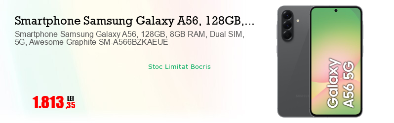 Smartphone Samsung Galaxy A56, 128GB, 8GB RAM, Dual SIM, 5G, Awesome Graphite SM-A566BZKAEUE