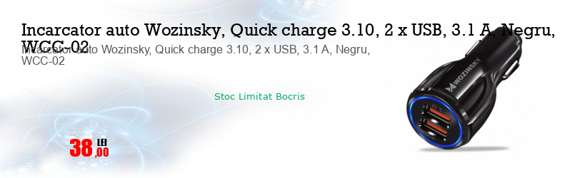 Incarcator auto Wozinsky, Quick charge 3.10, 2 x USB, 3.1 A, Negru, WCC-02