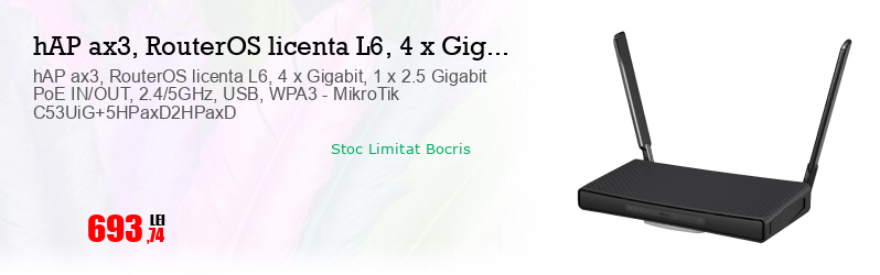 hAP ax3, RouterOS licenta L6, 4 x Gigabit, 1 x 2.5 Gigabit PoE IN/OUT, 2.4/5GHz, USB, WPA3 - MikroTik C53UiG+5HPaxD2HPaxD  