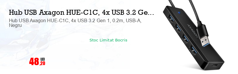 Hub USB Axagon HUE-C1C, 4x USB 3.2 Gen 1, 0.2m, USB-A, Negru