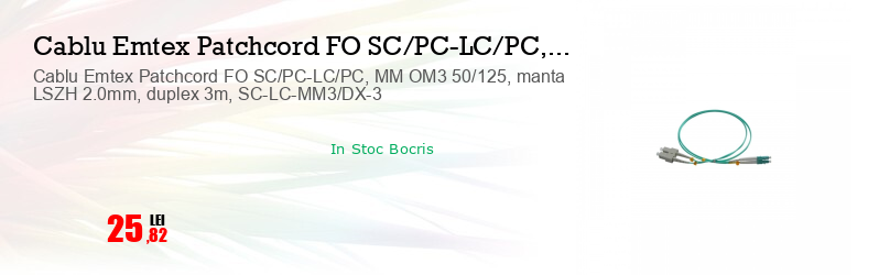 Cablu Emtex Patchcord FO SC/PC-LC/PC, MM OM3 50/125, manta LSZH 2.0mm, duplex 3m, SC-LC-MM3/DX-3