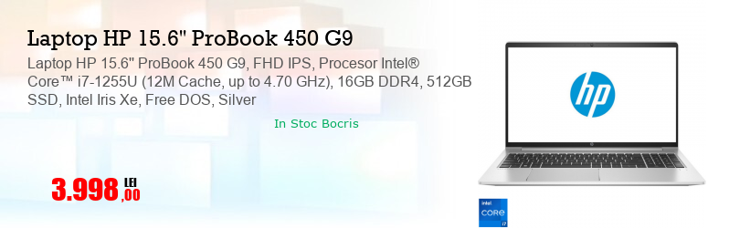 Laptop HP 15.6'' ProBook 450 G9, FHD IPS, Procesor Intel® Core™ i7-1255U (12M Cache, up to 4.70 GHz), 16GB DDR4, 512GB SSD, Intel Iris Xe, Free DOS, Silver