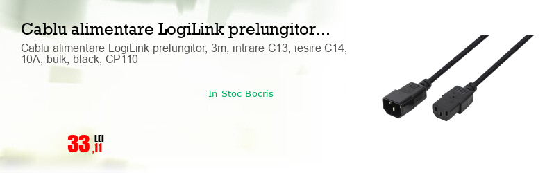 Cablu alimentare LogiLink prelungitor, 3m, intrare C13, iesire C14, 10A, bulk, black, CP110