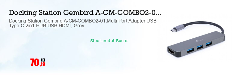 Docking Station Gembird A-CM-COMBO2-01,Multi Port Adapter USB Type C 2in1 HUB USB HDMI, Grey
