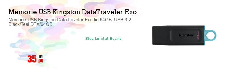 Memorie USB Kingston DataTraveler Exodia 64GB, USB 3.2, Black/Teal DTX/64GB