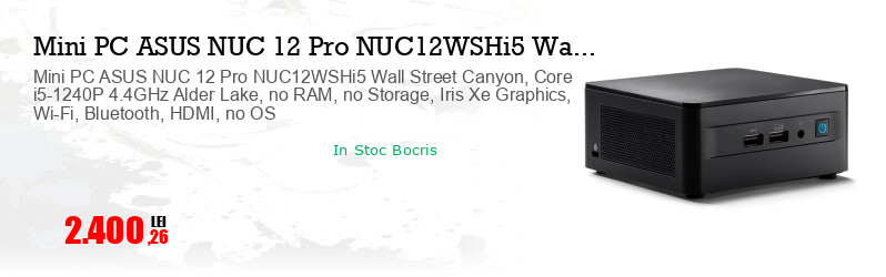 Mini PC ASUS NUC 12 Pro NUC12WSHi5 Wall Street Canyon, Core i5-1240P 4.4GHz Alder Lake, no RAM, no Storage, Iris Xe Graphics, Wi-Fi, Bluetooth, HDMI, no OS