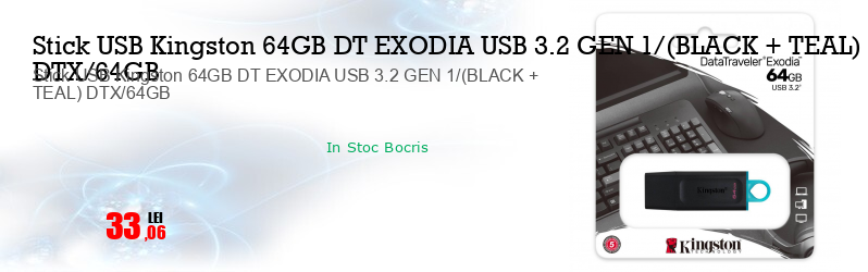 Stick USB Kingston 64GB DT EXODIA USB 3.2 GEN 1/(BLACK + TEAL) DTX/64GB