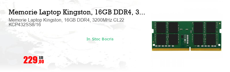 Memorie Laptop Kingston, 16GB DDR4, 3200MHz CL22 KCP432SS8/16