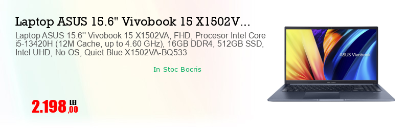 Laptop ASUS 15.6'' Vivobook 15 X1502VA, FHD, Procesor Intel Core i5-13420H (12M Cache, up to 4.60 GHz), 16GB DDR4, 512GB SSD, Intel UHD, No OS, Quiet Blue X1502VA-BQ533
