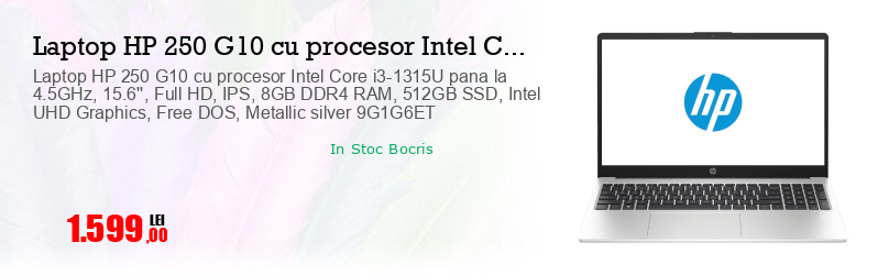 Laptop HP 250 G10 cu procesor Intel Core i3-1315U pana la 4.5GHz, 15.6'', Full HD, IPS, 8GB DDR4 RAM, 512GB SSD, Intel UHD Graphics, Free DOS, Metallic silver 9G1G6ET