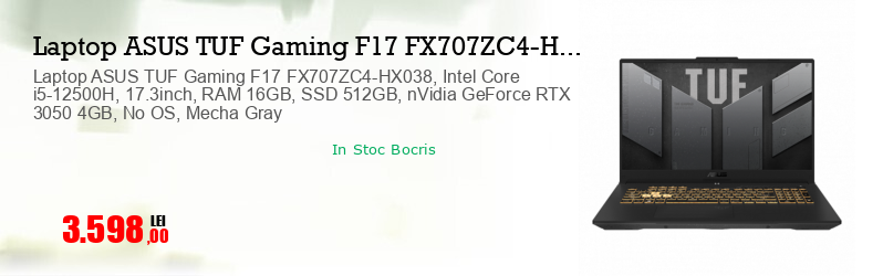Laptop ASUS TUF Gaming F17 FX707ZC4-HX038, Intel Core i5-12500H, 17.3inch, RAM 16GB, SSD 512GB, nVidia GeForce RTX 3050 4GB, No OS, Mecha Gray