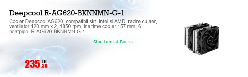 Cooler Deepcool AG620, compatibil skt. Intel si AMD, racire cu aer, ventilator 120 mm x 2, 1850 rpm, inaltime cooler 157 mm, 6 heatpipe, R-AG620-BKNNMN-G-1