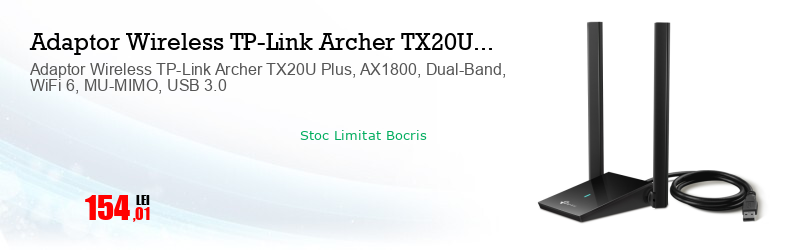 Adaptor Wireless TP-Link Archer TX20U Plus, AX1800, Dual-Band, WiFi 6, MU-MIMO, USB 3.0