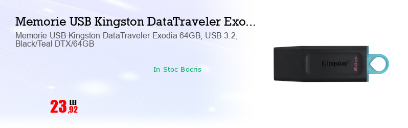 Memorie USB Kingston DataTraveler Exodia 64GB, USB 3.2, Black/Teal DTX/64GB