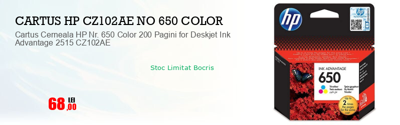 Cartus Cerneala HP Nr. 650 Color 200 Pagini for Deskjet Ink Advantage 2515 CZ102AE
