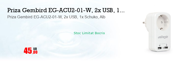 Priza Gembird EG-ACU2-01-W, 2x USB, 1x Schuko, Alb