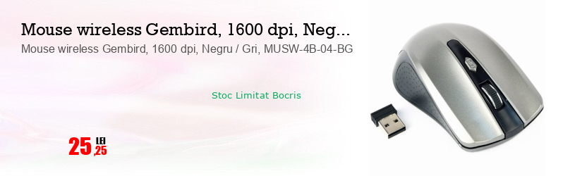 Mouse wireless Gembird, 1600 dpi, Negru / Gri, MUSW-4B-04-BG