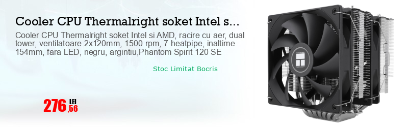 Cooler CPU Thermalright soket Intel si AMD, racire cu aer, dual tower, ventilatoare 2x120mm, 1500 rpm, 7 heatpipe, inaltime 154mm, fara LED, negru, argintiu,Phantom Spirit 120 SE
