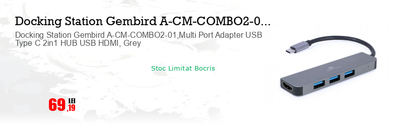 Docking Station Gembird A-CM-COMBO2-01,Multi Port Adapter USB Type C 2in1 HUB USB HDMI, Grey