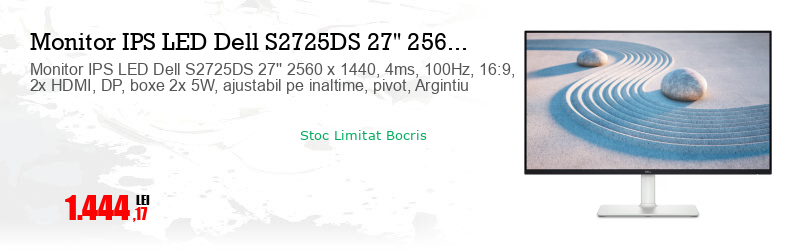 Monitor IPS LED Dell S2725DS 27'' 2560 x 1440, 4ms, 100Hz, 16:9, 2x HDMI, DP, boxe 2x 5W, ajustabil pe inaltime, pivot, Argintiu  