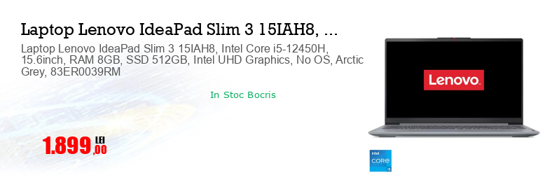 Laptop Lenovo IdeaPad Slim 3 15IAH8, Intel Core i5-12450H, 15.6inch, RAM 8GB, SSD 512GB, Intel UHD Graphics, No OS, Arctic Grey, 83ER0039RM  