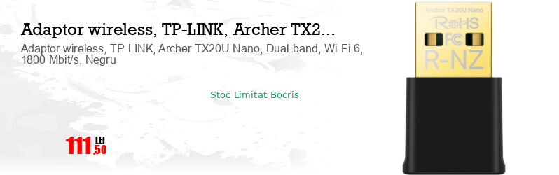 Adaptor wireless, TP-LINK, Archer TX20U Nano, Dual-band, Wi-Fi 6, 1800 Mbit/s, Negru