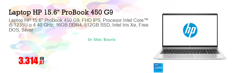 Laptop HP 15.6'' ProBook 450 G9, FHD IPS, Procesor Intel Core™ i5-1235U o 4.40 GHz, 16GB DDR4, 512GB SSD, Intel Iris Xe, Free DOS, Silver