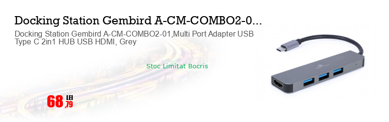 Docking Station Gembird A-CM-COMBO2-01,Multi Port Adapter USB Type C 2in1 HUB USB HDMI, Grey
