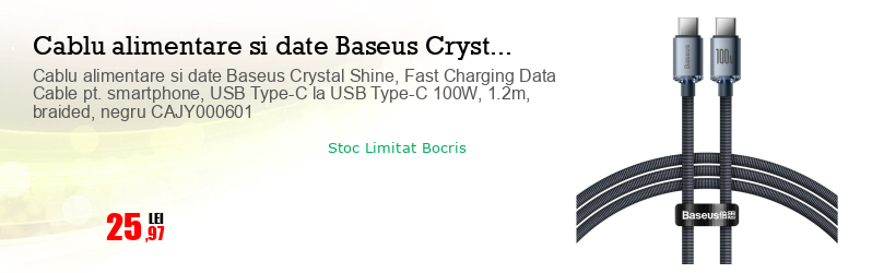 Cablu alimentare si date Baseus Crystal Shine, Fast Charging Data Cable pt. smartphone, USB Type-C la USB Type-C 100W, 1.2m, braided, negru CAJY000601