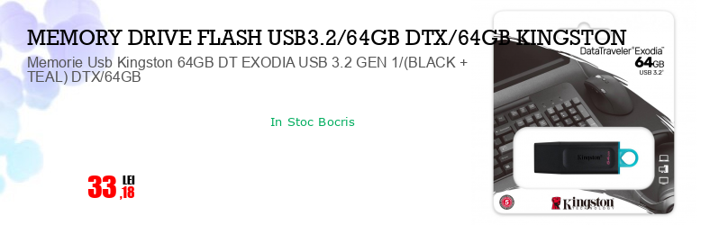 Memorie Usb Kingston 64GB DT EXODIA USB 3.2 GEN 1/(BLACK + TEAL) DTX/64GB