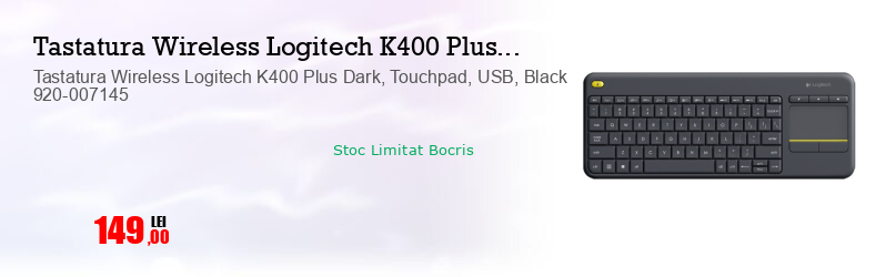Tastatura Wireless Logitech K400 Plus Dark, Touchpad, USB, Black 920-007145