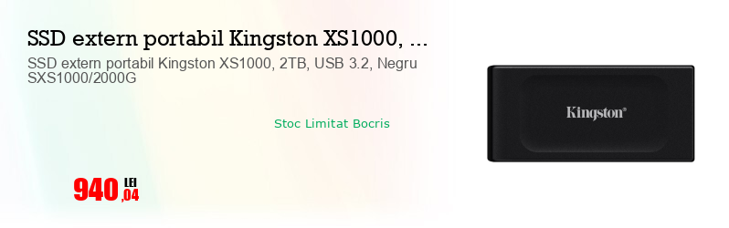 SSD extern portabil Kingston XS1000, 2TB, USB 3.2, Negru SXS1000/2000G