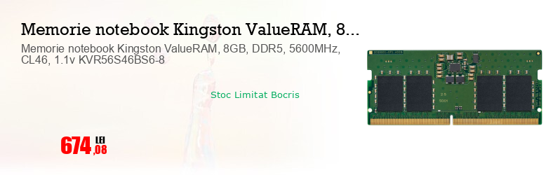 Memorie notebook Kingston ValueRAM, 8GB, DDR5, 5600MHz, CL46, 1.1v KVR56S46BS6-8
