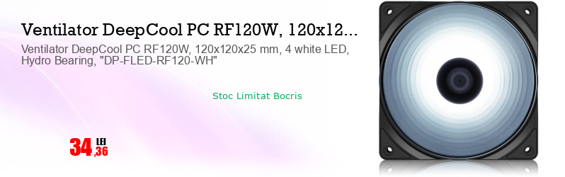Ventilator DeepCool PC RF120W, 120x120x25 mm, 4 white LED, Hydro Bearing, "DP-FLED-RF120-WH"