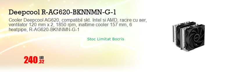 Cooler Deepcool AG620, compatibil skt. Intel si AMD, racire cu aer, ventilator 120 mm x 2, 1850 rpm, inaltime cooler 157 mm, 6 heatpipe, R-AG620-BKNNMN-G-1