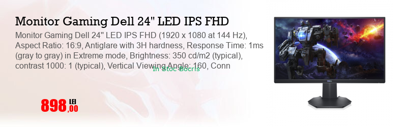 Monitor Gaming Dell 24'' LED IPS FHD (1920 x 1080 at 144 Hz), Aspect Ratio: 16:9, Antiglare with 3H hardness, Response Time: 1ms (gray to gray) in Extreme mode, Brightness: 350 cd/m2 (typical), contrast 1000: 1 (typical), Vertical Viewing Angle: 160, Conn