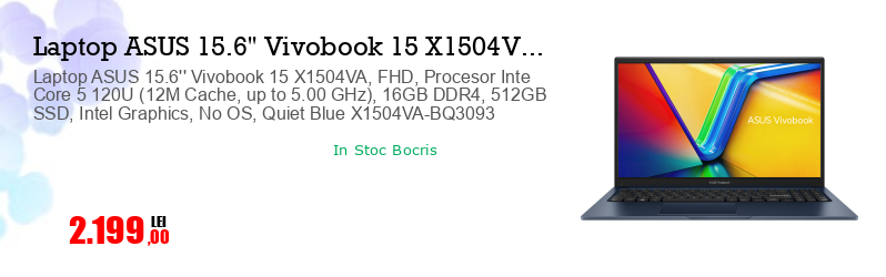 Laptop ASUS 15.6'' Vivobook 15 X1504VA, FHD, Procesor Inte Core 5 120U (12M Cache, up to 5.00 GHz), 16GB DDR4, 512GB SSD, Intel Graphics, No OS, Quiet Blue X1504VA-BQ3093