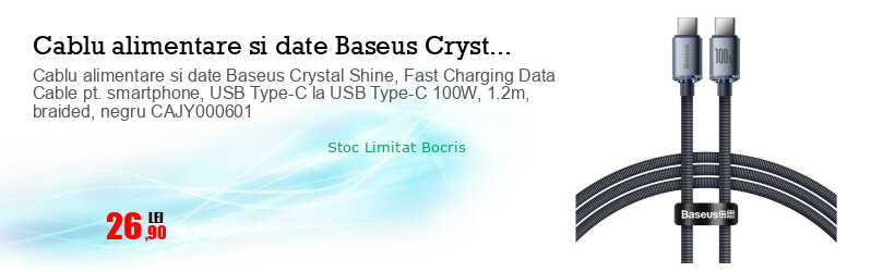 Cablu alimentare si date Baseus Crystal Shine, Fast Charging Data Cable pt. smartphone, USB Type-C la USB Type-C 100W, 1.2m, braided, negru CAJY000601