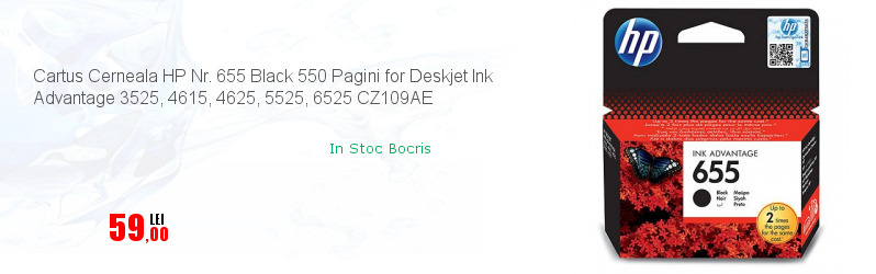 Cartus Cerneala HP Nr. 655 Black 550 Pagini for Deskjet Ink Advantage 3525, 4615, 4625, 5525, 6525 CZ109AE