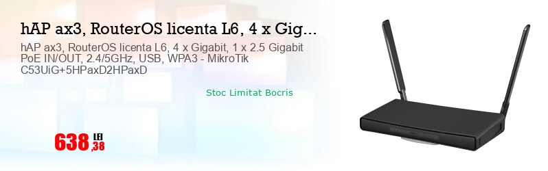 hAP ax3, RouterOS licenta L6, 4 x Gigabit, 1 x 2.5 Gigabit PoE IN/OUT, 2.4/5GHz, USB, WPA3 - MikroTik C53UiG+5HPaxD2HPaxD  