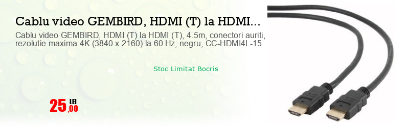 Cablu video GEMBIRD, HDMI (T) la HDMI (T), 4.5m, conectori auriti, rezolutie maxima 4K (3840 x 2160) la 60 Hz, negru, CC-HDMI4L-15