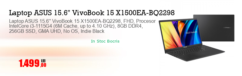 Laptop ASUS 15.6'' VivoBook 15 X1500EA-BQ2298, FHD, Procesor IntelCore i3-1115G4 (6M Cache, up to 4.10 GHz), 8GB DDR4, 256GB SSD, GMA UHD, No OS, Indie Black